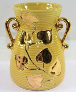 Vintage Shawnee Usa 805 Ivy Ring Double Handled Vase Yellow With Gold Accents