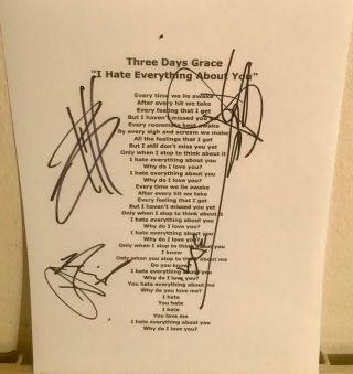 Three Days Grace Signed Autographed 8.  5 X 11 Lyric Sheet Barry Neil Brad 3 Proof