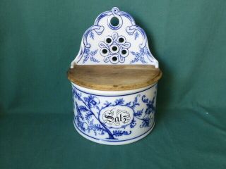 Antique Villeroy And Bock Porcelain Blue And White Salz Wall Hanging Box