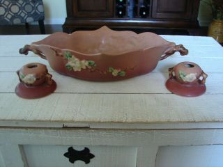 Vintage Roseville Pottery 331 - 12 Pink Apple Blossom Bowl And Candlesticks