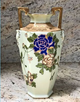 Vintage Porcelain Nippon Floral M Hand Painted Double Handle 6 1/2 " Vase Antique