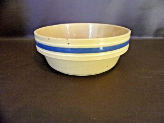 Antique Yellow Ware Small Pottery Bowl Blue Band With White Stripes 2