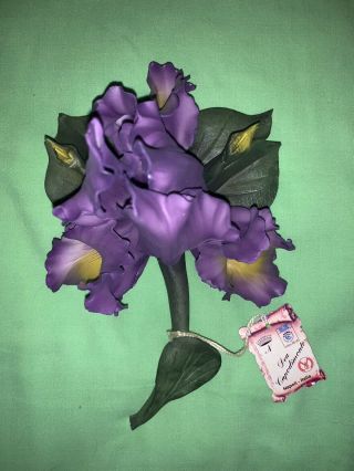 Vtg Stamped Capodimonte Porcelain Purple Iris Flower - Made In Italy 7” L 4.  5” W