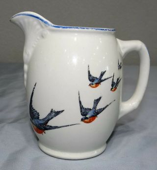 Vtg Buffalo Pottery 5 " Bluebirds Pitcher Creamer Hand Painted Blue Birds Antique