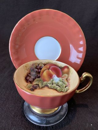Aynsley Orange Gold Orchard Fruit Tea Cup & Saucer Gold Trim Peach Grapes Pear