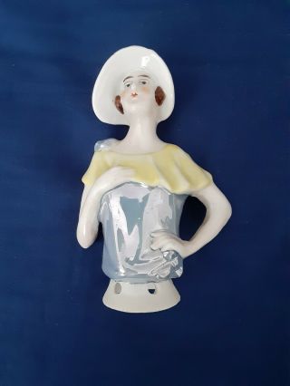 Vintage German Porcelain Flapper Half Doll Pin Cushion