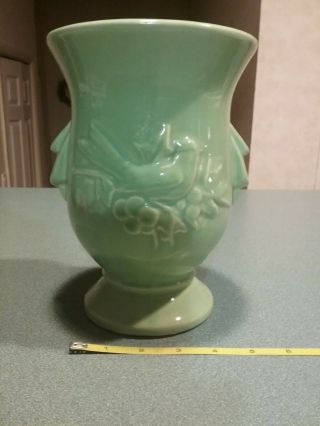 Vintage Mccoy Double Handle Flower Vase Green 8 " Art Pottery Fruits And Berries