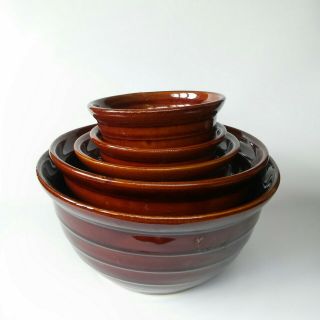 Marcrest Vintage Brown Ribbed Stoneware Nesting Mixing Bowls Set Of 5