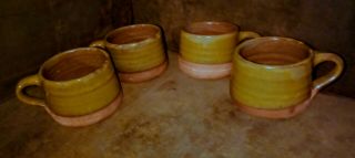 Set Of 4 Hand Thrown Red Clay Dip Glazed Rustic Pottery Mugs.  Artist Marked
