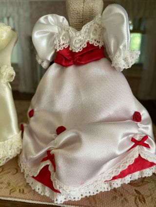 Vintage Miniature Dollhouse Pair Display Satin Wedding Gown & Victorian Dress 2