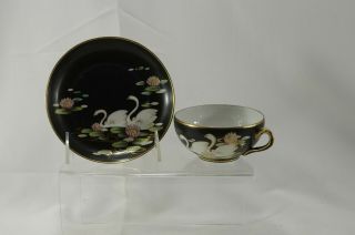 Hand Painted Nippon Black Cup Saucer Swans Lotus Flowers Gold Trim 2