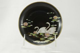 Hand Painted Nippon Black Cup Saucer Swans Lotus Flowers Gold Trim 3