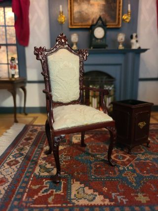 Dollhouse Miniature Bespaq Mahogany Arm Chair Lovely Fabric