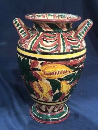 11 1/2 In Large Italian Pottery Handled Vase Hand Painted Incised Details