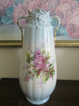 Antique Austrian Hand Painted Porcelain Vase Lilac Flowers Gold 11 "