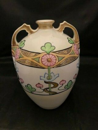 Art Deco Vintage 9 3/4 " Tall Nippon Hand Painted Vase Gold Pink Flowers
