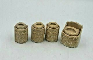 Antique Doll House Ceramic Canisters For Oatmeal,  Flour,  Pepper,  Salt