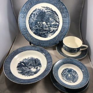 Royal China Currier And Ives The Old Grist Mill 6 Piece Setting Blue & White