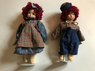 10 " Porcelain Raggedy Ann And Andy Dolls With Stands