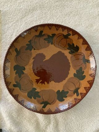 Ned Foltz Pottery Redware Signed & Dated 2009 Turkey Pumpkin & Leaves Plate