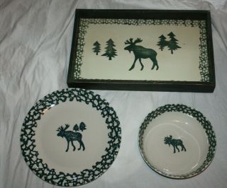Set Of 3 Folk Craft Tienshan Moose Country Serving Dishes Platter Tray Bowl