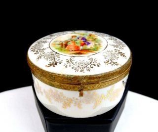 German Porcelain Victorian Courting Couple Gold Floral Mirrored 3.  5 " Dresser Box