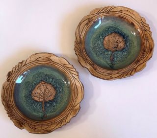 2 Stoneware Studio Art Pottery Plate Impressed Leaf Design Green Blue Teal