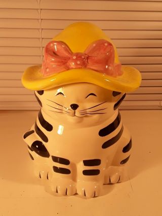 Certified International Corp Black& White Cat Cookie Jar Hat With Pink Bow