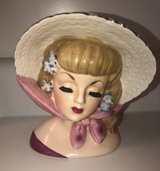Vintage Lady Head Vase Pink Outfit And Hat With Blue Flowers In Hair