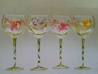 4 Block Crystal Tropical Lilies Wine Glasses Hand Painted 20 Oz Goblets Box Set