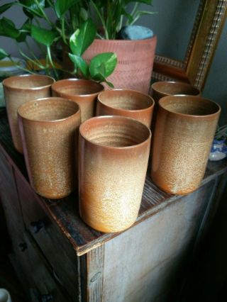 Vintage Ceramic Tumblers Set Of 7 Brown Orange Speckled Glazed Unique 5 "