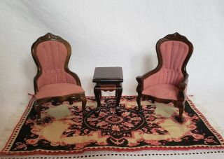 Dollhouse Miniature 1:12 Living Room Parlor Furniture Chairs End Table Rug