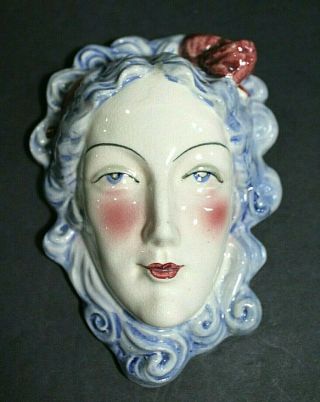 Vintage Head Vase Wall Pocket Ladies Face Blue Hair Wearing Ribbon Bow Japan