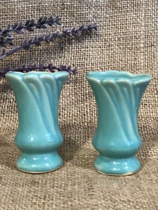 Vtg Matching Pair Shawnee Usa Miniature Small 2 3/4” Vases Aqua Blue Green Mcm