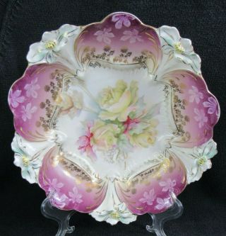 Antq.  Prussia Style Hand Painted Porcelain Cabinet Bowl Yellow Pink Roses Footed
