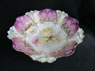 Antq.  Prussia Style Hand Painted Porcelain Cabinet Bowl YELLOW PINK ROSES FOOTED 2