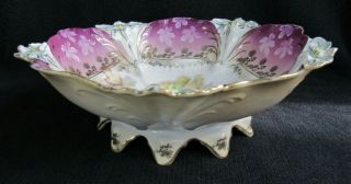 Antq.  Prussia Style Hand Painted Porcelain Cabinet Bowl YELLOW PINK ROSES FOOTED 3