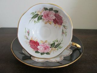 Queen`s Ebony England Bone China Tea Cup And Saucer Black Roses Gold