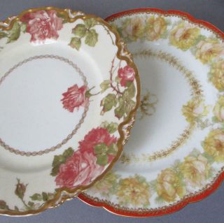2 Antique Haviland Porcelain 8.  5 " Plates Pink,  Yellow Drop Rose Schleiger 65,