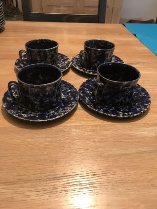 4 Bennington Pottery Blue Agate Cups And Saucers 1626 And 1627