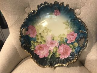 Antique P.  T.  Germany Pink Roses Bavaria Tirschenreuth Scallopped Cake Plate Omg
