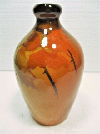 OWENS ART POTTERY UTOPIAN MINIATURE JUG,  ARTIST SIGNED AM,  RICHLY COLORED LEAVES 2