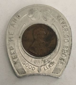 Encased 1947 Wheat Penny Cent Good Luck Weber’s Hof - Brau Token Coin Medal