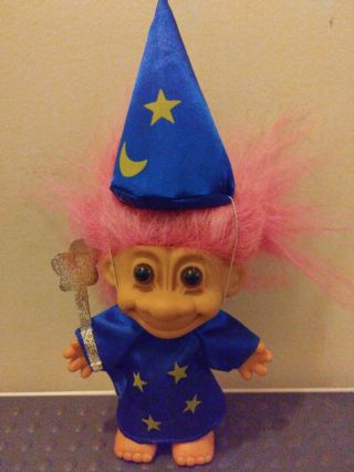 Russ Troll Doll Halloween Wizard 5 " Tall Blue Robe Wand Pink Hair