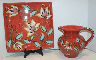 ❤️southern Living At Home Gail Pittman Red Bountiful Square Platter & Pitcher