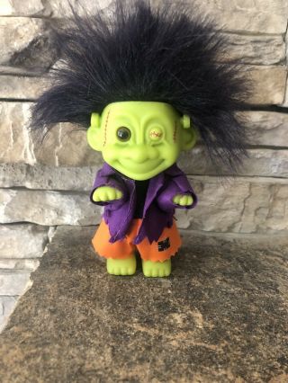 Russ Halloween Troll Doll 4 1/2” Black Hair Brown Eye Green Skin Frankenstein