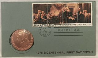 1976 Thomas Jefferson Bicentennial First Day Cover Stamps With Bronze Coin