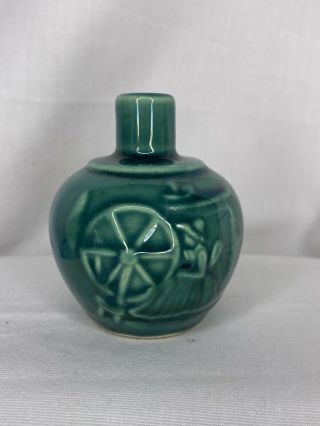 Shawnee Usa Pottery Dark Green Mini Miniature Spinning Wheel Vase Figurine