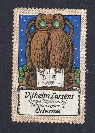 Denmark Scarce Poster Stamp Owl / Vilhelm Larsen Bookshop Odense