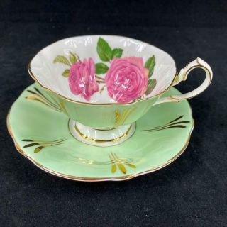 Unique Vintage Queen Anne Large Cabbage Roses Green Wide - Mouth Cup Saucer